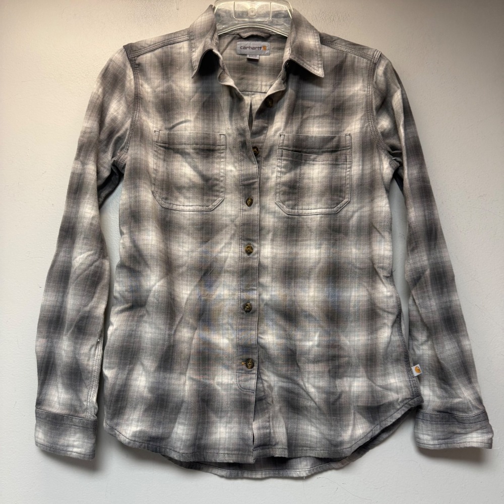 Carhartt Button Down Shirt Womens S Gray White Excellent Plaid Flannel Stretch